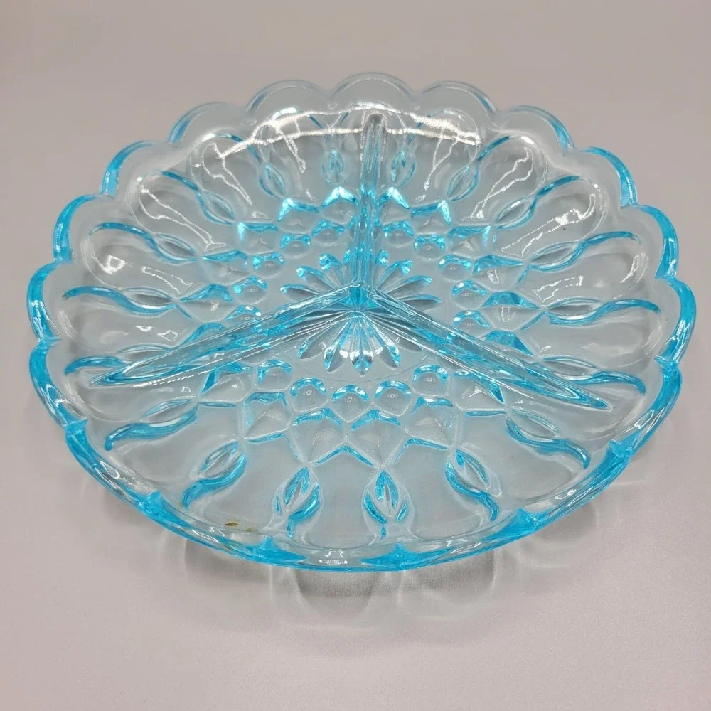 Vintage Fairfield Anchor Hocking Light Blue Triple Divided Relish Dish 1970s